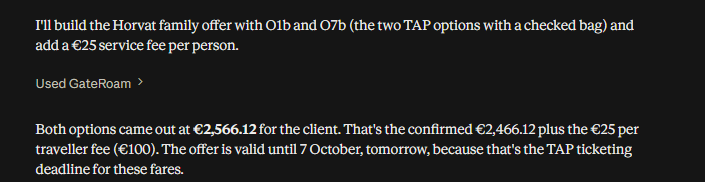 Claude's answer: the offer is ready, with the fee and the deadline